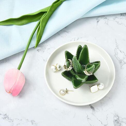 HinyBoeh Aloe-Ring-Hold السيراميك والصبار والمجوهرات وصينية طبق مع طبق أبيض مزخرف طبق صينية حلية لأفضل الأصدقاء وهدايا عيد الميلاد in Kuwait