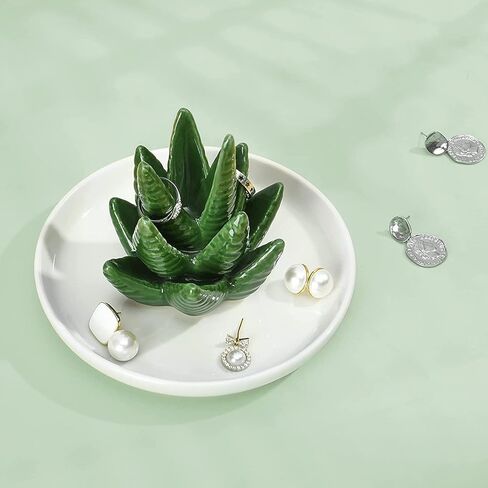 HinyBoeh Aloe-Ring-Hold السيراميك والصبار والمجوهرات وصينية طبق مع طبق أبيض مزخرف طبق صينية حلية لأفضل الأصدقاء وهدايا عيد الميلاد in Kuwait