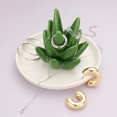 HinyBoeh Aloe-Ring-Hold السيراميك والصبار والمجوهرات وصينية طبق مع طبق أبيض مزخرف طبق صينية حلية لأفضل الأصدقاء وهدايا عيد الميلاد in Kuwait
