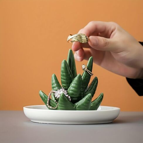 HinyBoeh Aloe-Ring-Hold السيراميك والصبار والمجوهرات وصينية طبق مع طبق أبيض مزخرف طبق صينية حلية لأفضل الأصدقاء وهدايا عيد الميلاد in Kuwait