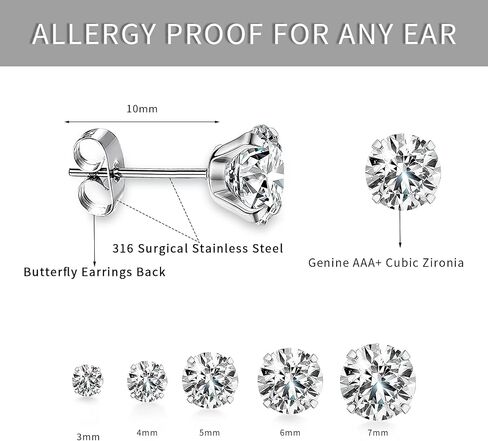 Earrings for Man,5/7 Pairs Stud Earrings Set 316 Stainless Steel Earrings,Hypoallergenic Cubic Zirconia Surgical Steel Earrings for Woman Man Girls (2-8mm) in Saudi Arabia