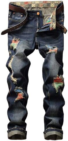DSDZ Men's Colorful Ripped Holes Straight Fit Jeans in Kuwait