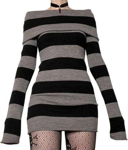 Women Off Shoulder Striped Knit Dress Y2k Punk Gothic Long Sleeve Pullover Sweater Dress Bodycon Mini Dress in Kuwait