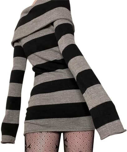 Women Off Shoulder Striped Knit Dress Y2k Punk Gothic Long Sleeve Pullover Sweater Dress Bodycon Mini Dress in Kuwait