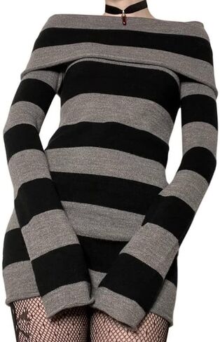 Women Off Shoulder Striped Knit Dress Y2k Punk Gothic Long Sleeve Pullover Sweater Dress Bodycon Mini Dress in Kuwait