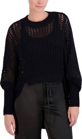 BCBGMAXAZRIA Women's Crew Neck Asymmetrical Long Sleeve Open Knit Pullover Sweater Top in Saudi Arabia