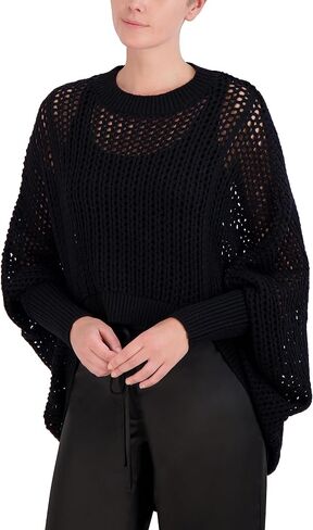 BCBGMAXAZRIA Women's Crew Neck Asymmetrical Long Sleeve Open Knit Pullover Sweater Top in Saudi Arabia