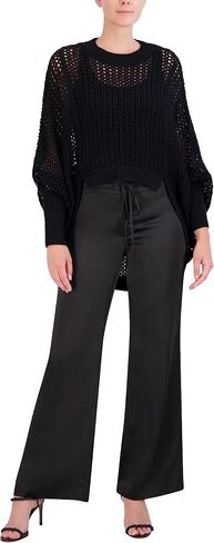 BCBGMAXAZRIA Women's Crew Neck Asymmetrical Long Sleeve Open Knit Pullover Sweater Top in Saudi Arabia