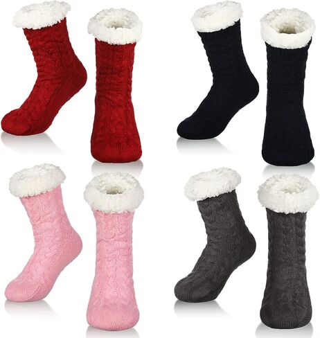 4 Pairs Winter Fuzzy Socks for Women Fleece Slipper Socks for Women with Grippers Non Slip Soft Thick Fluffy Socks Warm Cozy Comfy Socks, Gray, Pink, Dark Blue and Red, One size in Saudi Arabia