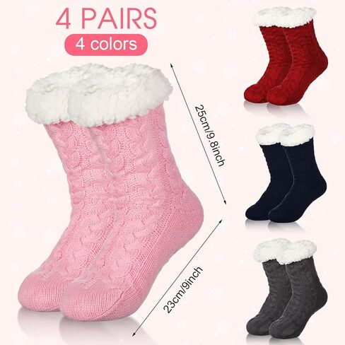 4 Pairs Winter Fuzzy Socks for Women Fleece Slipper Socks for Women with Grippers Non Slip Soft Thick Fluffy Socks Warm Cozy Comfy Socks, Gray, Pink, Dark Blue and Red, One size in Saudi Arabia