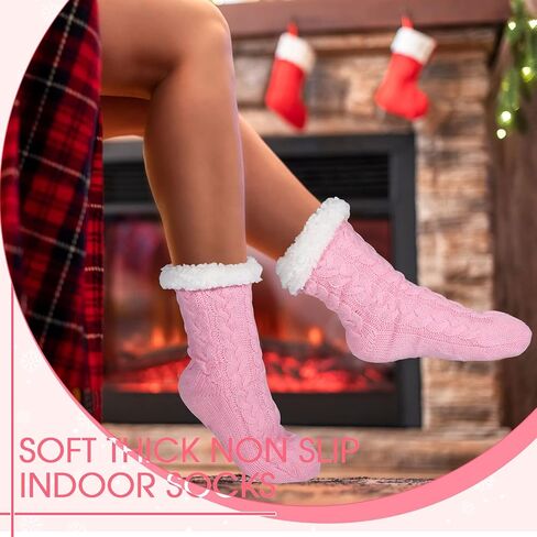 4 Pairs Winter Fuzzy Socks for Women Fleece Slipper Socks for Women with Grippers Non Slip Soft Thick Fluffy Socks Warm Cozy Comfy Socks, Gray, Pink, Dark Blue and Red, One size in Saudi Arabia