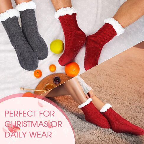 4 Pairs Winter Fuzzy Socks for Women Fleece Slipper Socks for Women with Grippers Non Slip Soft Thick Fluffy Socks Warm Cozy Comfy Socks, Gray, Pink, Dark Blue and Red, One size in Saudi Arabia