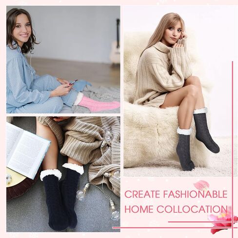 4 Pairs Winter Fuzzy Socks for Women Fleece Slipper Socks for Women with Grippers Non Slip Soft Thick Fluffy Socks Warm Cozy Comfy Socks, Gray, Pink, Dark Blue and Red, One size in Saudi Arabia