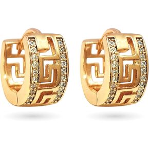 18K Gold Plated Greek Key Cubic Zirconia Huggie Hoop Earrings, Hypoallergenic Gold Huggie Hoop Earrings for Women and Girls, Small, Brass Yellow Gold Cubic Zirconia, Cubic Zirconia in Kuwait