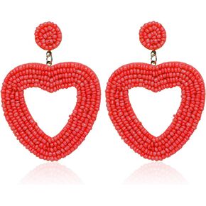 Chanaiqw RedPink Beaded Drop Earrings for Women Seed Bead Heart Shape Dangle Earrings Handmade Beaded Earring Studs for Girls Valentines Day Jewelry