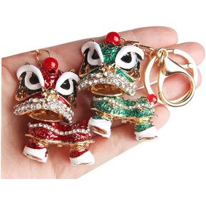 Wixine 2Pcs Chinese Style Lion Dance Keychain Ancient Mascot Key Chains Fashion Crystal Animal Enamel Key Ring Holder Mascot, Red, S in Saudi Arabia