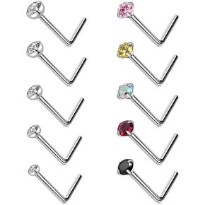 ZUOPOEKI 10Pcs Nose Rings Studs Surgical Steel L Shaped 20G CZ Nose Studs Piercing Jewelry for Women Men