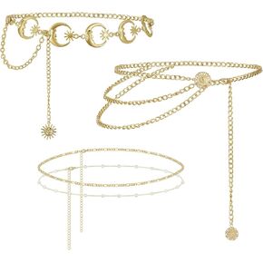 Otuuz Pack of 3 Metal Waist Chains Multilayer Long Tassels Moon Star Sun Pendant Belly Chain Belt Set Gold Chain Belt Waist Jewellery for Women Dress Bikini Beads Body Chain for Women in Kuwait