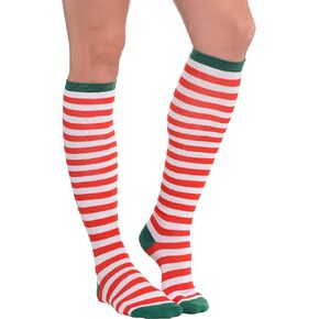 Festive Red & White Candy Cane Stripe Knee Polyester Socks (One Size Fits Most) - Pack of 2 - Perfect Holiday Gift & Fashion Statement in Saudi Arabia