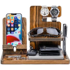 هدايا Homde للرجال من الخشب الصلب حامل مفاتيح الهاتف ومحفظة وحامل منظم للساعة للأب والزوج والصديق ومنظم منضدة للتخرج في الذكرى السنوية (بني داكن) in Kuwait