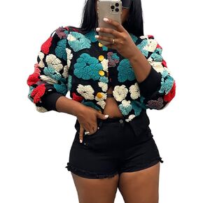 معاطف Omoone النسائية الصوفية ذات الأزهار القصيرة وسترات كلاسيكية وسترات منفوخة على شكل زهرة للخريف والشتاء سترة قصيرة in Kuwait