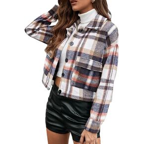 AMEBELLE المرأة الخريف الفانيلا اقتصاص منقوشة سترة جاكيتات طويلة الأكمام جيوب زر أسفل قميص سترة معطف in Kuwait