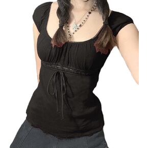 Women Fairy Grunge Y2k Shirts See Through Square Neck Lace Patchwork Tops Vintage Goth Aesthetic Clothing in Kuwait