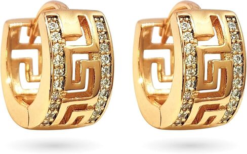 18K Gold Plated Greek Key Cubic Zirconia Huggie Hoop Earrings, Hypoallergenic Gold Huggie Hoop Earrings for Women and Girls, Small, Brass Yellow Gold Cubic Zirconia, Cubic Zirconia in Kuwait