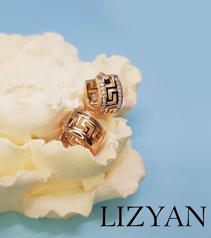18K Gold Plated Greek Key Cubic Zirconia Huggie Hoop Earrings, Hypoallergenic Gold Huggie Hoop Earrings for Women and Girls, Small, Brass Yellow Gold Cubic Zirconia, Cubic Zirconia in Kuwait