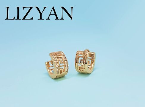 18K Gold Plated Greek Key Cubic Zirconia Huggie Hoop Earrings, Hypoallergenic Gold Huggie Hoop Earrings for Women and Girls, Small, Brass Yellow Gold Cubic Zirconia, Cubic Zirconia in Kuwait
