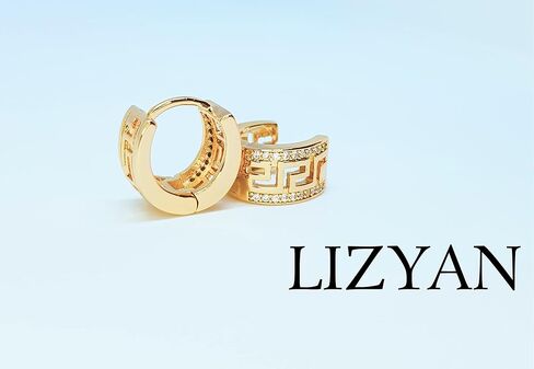 18K Gold Plated Greek Key Cubic Zirconia Huggie Hoop Earrings, Hypoallergenic Gold Huggie Hoop Earrings for Women and Girls, Small, Brass Yellow Gold Cubic Zirconia, Cubic Zirconia in Kuwait