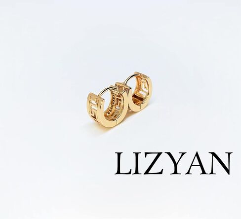 18K Gold Plated Greek Key Cubic Zirconia Huggie Hoop Earrings, Hypoallergenic Gold Huggie Hoop Earrings for Women and Girls, Small, Brass Yellow Gold Cubic Zirconia, Cubic Zirconia in Kuwait