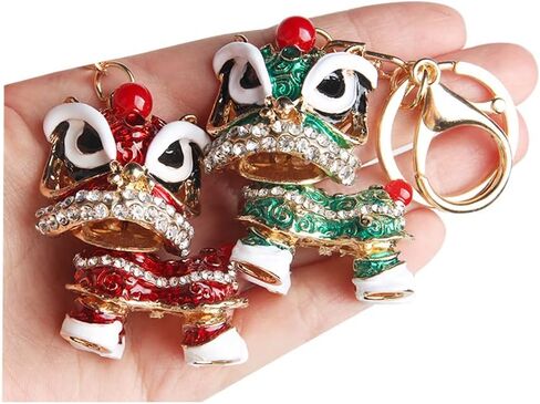 Wixine 2Pcs Chinese Style Lion Dance Keychain Ancient Mascot Key Chains Fashion Crystal Animal Enamel Key Ring Holder Mascot, Red, S in Saudi Arabia