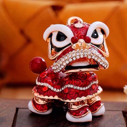 Wixine 2Pcs Chinese Style Lion Dance Keychain Ancient Mascot Key Chains Fashion Crystal Animal Enamel Key Ring Holder Mascot, Red, S in Saudi Arabia
