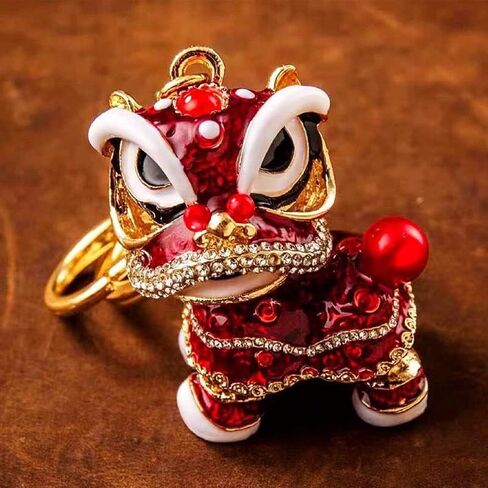 Wixine 2Pcs Chinese Style Lion Dance Keychain Ancient Mascot Key Chains Fashion Crystal Animal Enamel Key Ring Holder Mascot, Red, S in Saudi Arabia