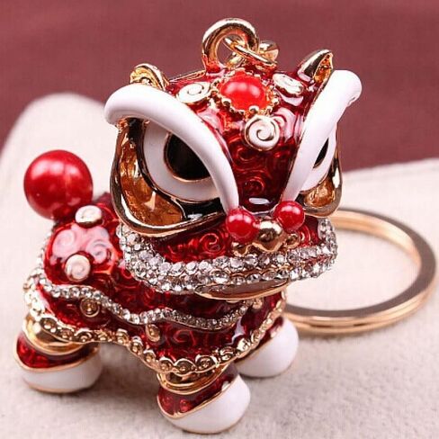 Wixine 2Pcs Chinese Style Lion Dance Keychain Ancient Mascot Key Chains Fashion Crystal Animal Enamel Key Ring Holder Mascot, Red, S in Saudi Arabia