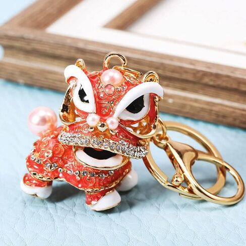 Wixine 2Pcs Chinese Style Lion Dance Keychain Ancient Mascot Key Chains Fashion Crystal Animal Enamel Key Ring Holder Mascot, Red, S in Saudi Arabia