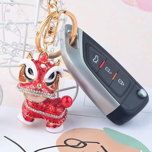 Wixine 2Pcs Chinese Style Lion Dance Keychain Ancient Mascot Key Chains Fashion Crystal Animal Enamel Key Ring Holder Mascot, Red, S in Saudi Arabia