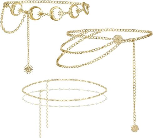Otuuz Pack of 3 Metal Waist Chains Multilayer Long Tassels Moon Star Sun Pendant Belly Chain Belt Set Gold Chain Belt Waist Jewellery for Women Dress Bikini Beads Body Chain for Women in Kuwait