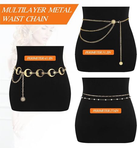 Otuuz Pack of 3 Metal Waist Chains Multilayer Long Tassels Moon Star Sun Pendant Belly Chain Belt Set Gold Chain Belt Waist Jewellery for Women Dress Bikini Beads Body Chain for Women in Kuwait
