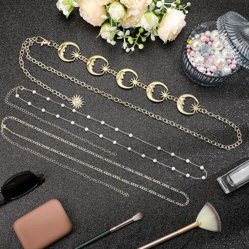Otuuz Pack of 3 Metal Waist Chains Multilayer Long Tassels Moon Star Sun Pendant Belly Chain Belt Set Gold Chain Belt Waist Jewellery for Women Dress Bikini Beads Body Chain for Women in Kuwait