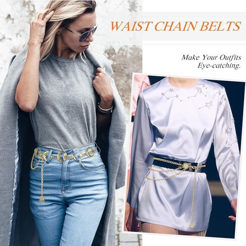 Otuuz Pack of 3 Metal Waist Chains Multilayer Long Tassels Moon Star Sun Pendant Belly Chain Belt Set Gold Chain Belt Waist Jewellery for Women Dress Bikini Beads Body Chain for Women in Kuwait