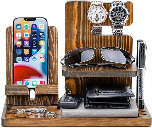 هدايا Homde للرجال من الخشب الصلب حامل مفاتيح الهاتف ومحفظة وحامل منظم للساعة للأب والزوج والصديق ومنظم منضدة للتخرج في الذكرى السنوية (بني داكن) in Kuwait