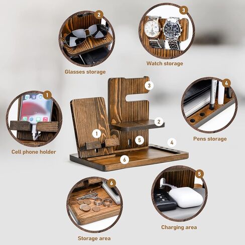 هدايا Homde للرجال من الخشب الصلب حامل مفاتيح الهاتف ومحفظة وحامل منظم للساعة للأب والزوج والصديق ومنظم منضدة للتخرج في الذكرى السنوية (بني داكن) in Kuwait