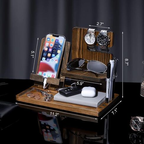 هدايا Homde للرجال من الخشب الصلب حامل مفاتيح الهاتف ومحفظة وحامل منظم للساعة للأب والزوج والصديق ومنظم منضدة للتخرج في الذكرى السنوية (بني داكن) in Kuwait