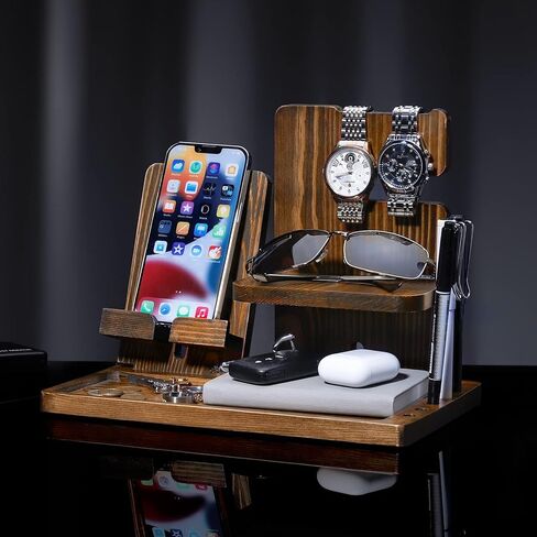 هدايا Homde للرجال من الخشب الصلب حامل مفاتيح الهاتف ومحفظة وحامل منظم للساعة للأب والزوج والصديق ومنظم منضدة للتخرج في الذكرى السنوية (بني داكن) in Kuwait