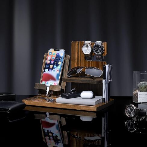 هدايا Homde للرجال من الخشب الصلب حامل مفاتيح الهاتف ومحفظة وحامل منظم للساعة للأب والزوج والصديق ومنظم منضدة للتخرج في الذكرى السنوية (بني داكن) in Kuwait