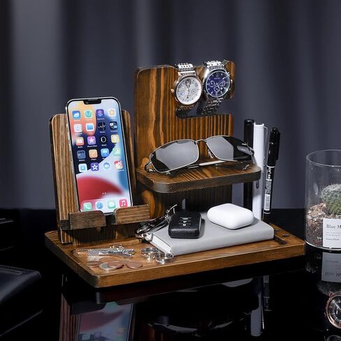 هدايا Homde للرجال من الخشب الصلب حامل مفاتيح الهاتف ومحفظة وحامل منظم للساعة للأب والزوج والصديق ومنظم منضدة للتخرج في الذكرى السنوية (بني داكن) in Kuwait