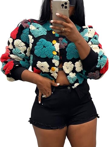 معاطف Omoone النسائية الصوفية ذات الأزهار القصيرة وسترات كلاسيكية وسترات منفوخة على شكل زهرة للخريف والشتاء سترة قصيرة in Kuwait