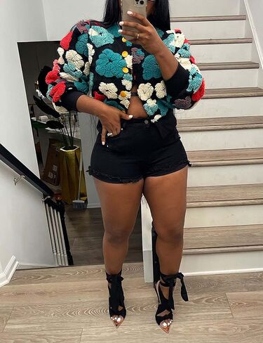 معاطف Omoone النسائية الصوفية ذات الأزهار القصيرة وسترات كلاسيكية وسترات منفوخة على شكل زهرة للخريف والشتاء سترة قصيرة in Kuwait